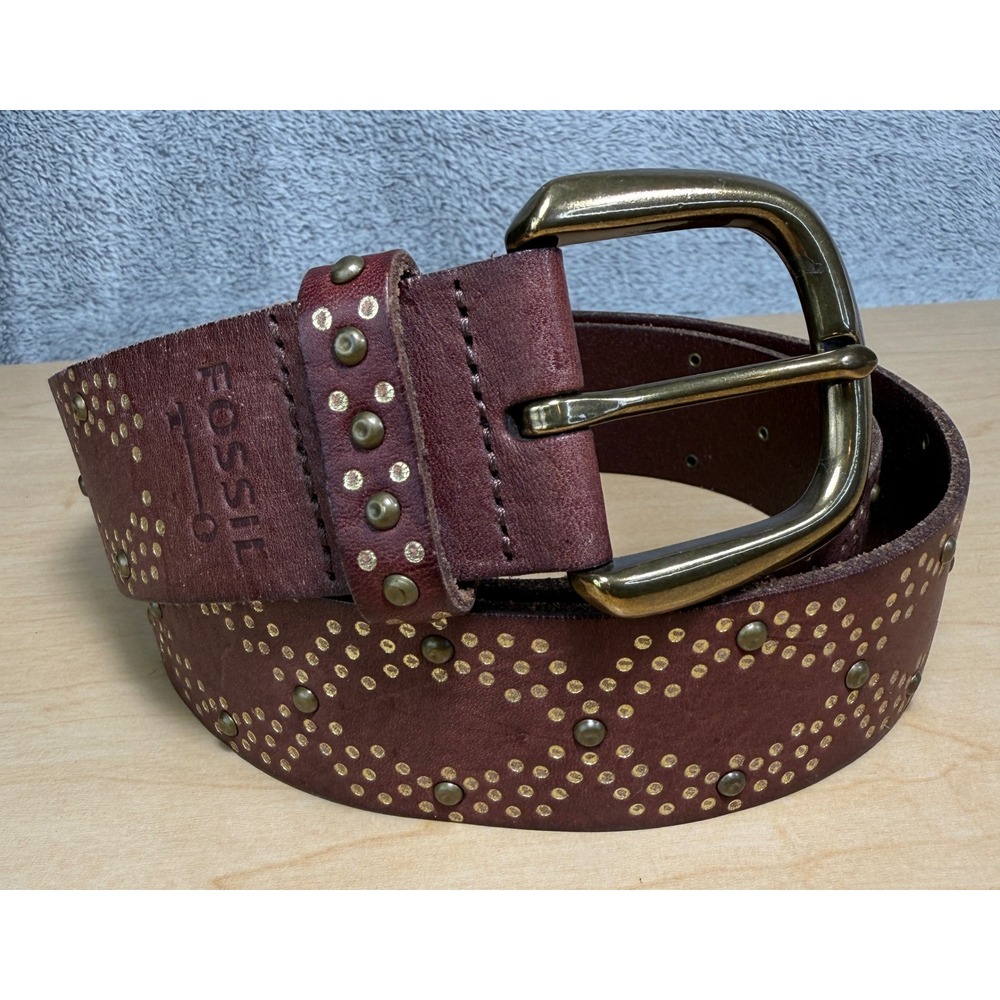 Fossil Studded Belt Womens Medium Burgundy Brown Leather Brass Rivets BT3704200